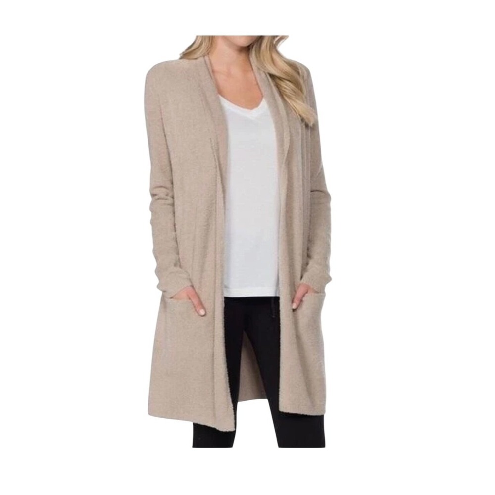 Barefoot Dreams CozyChic Ultra Lite Hooded Cardigan Almond Tan Ribbed Knit 1X